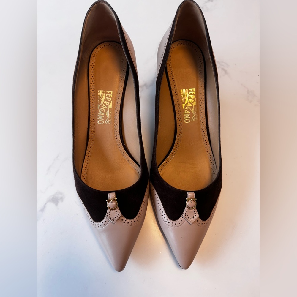 Salvatore Ferragamo, two tone, leather suede kitten heel